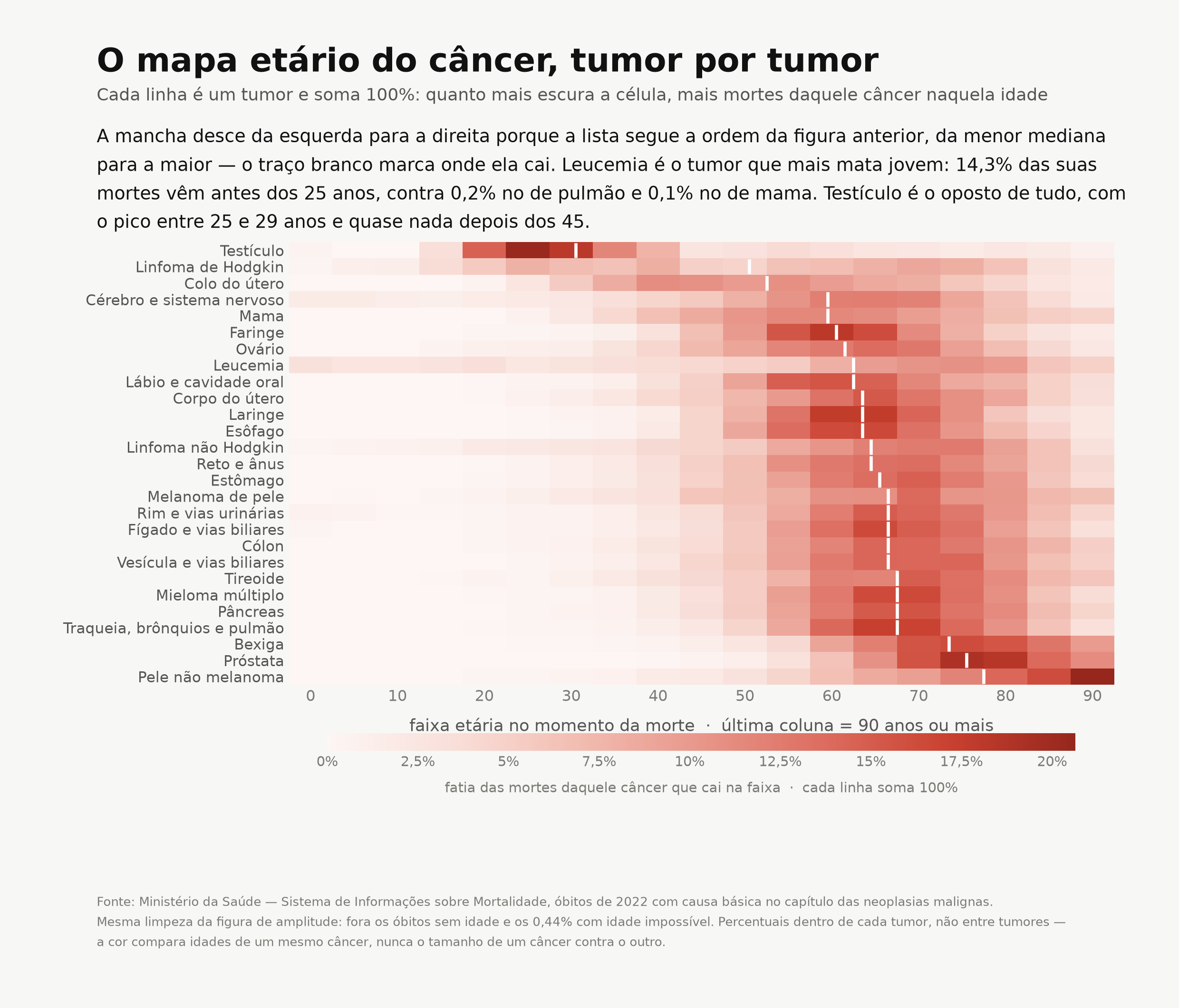 Mapa de calor com um tumor por linha e a idade da morte nas colunas: a mancha escura desce do canto superior esquerdo (testículo, mortes na casa dos 20) para o inferior direito (próstata e pele não melanoma, mortes depois dos 75)