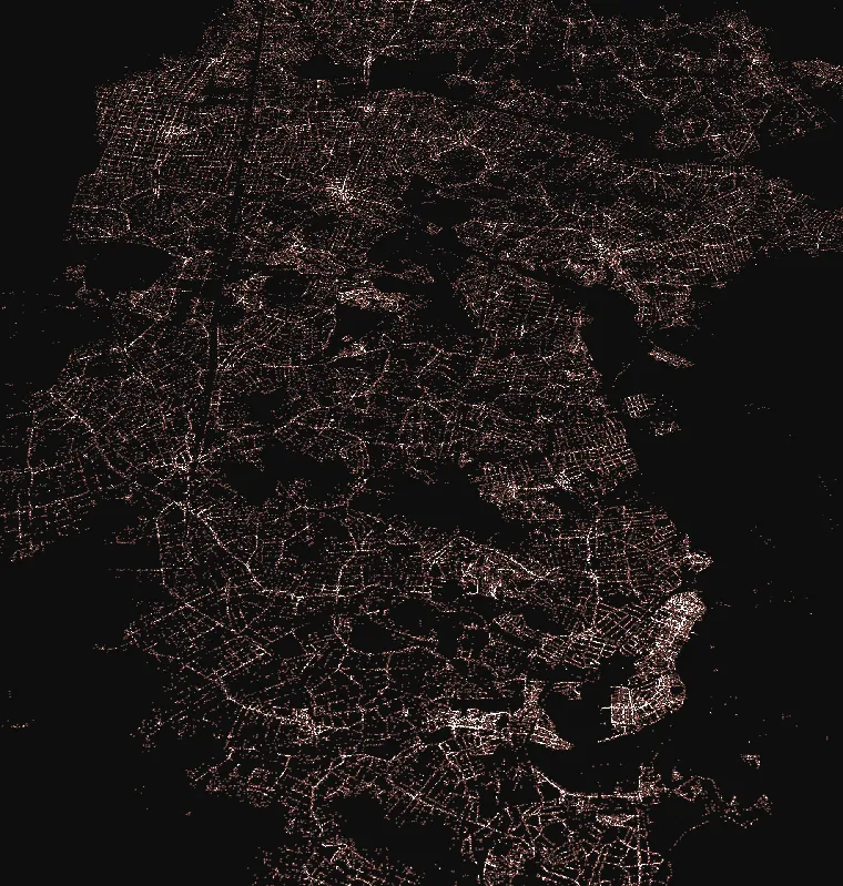 Mapa escuro do estado do Rio de Janeiro formado por milhões de pontos luminosos, cada um representando um CNPJ ativo