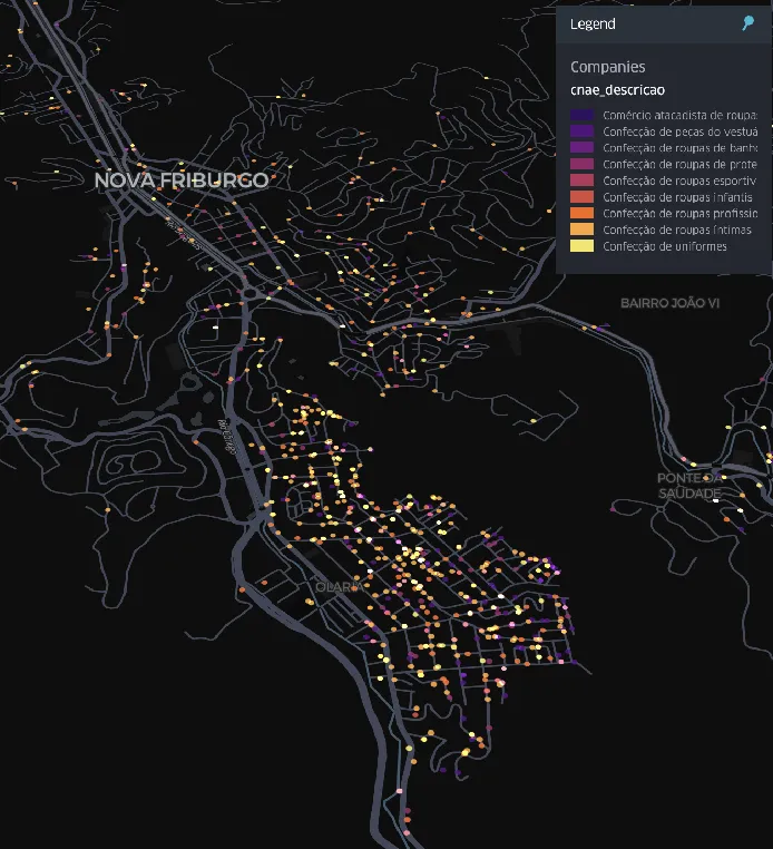 Mapa da distribuição das confecções ativas em Nova Friburgo, mapeadas a partir dos CNPJs