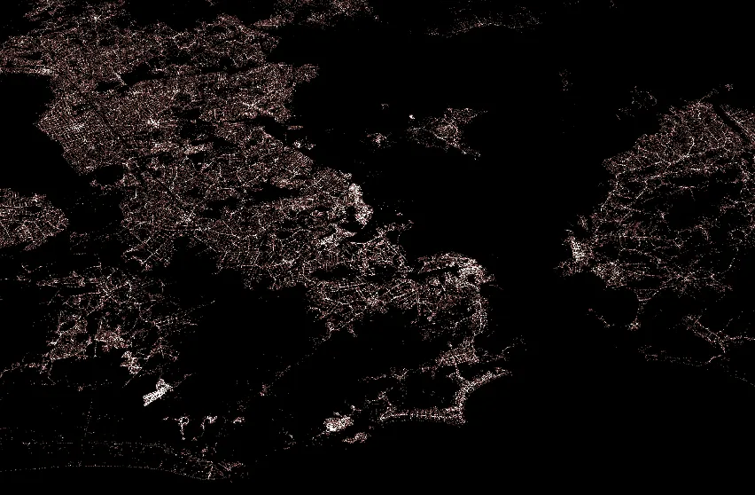 Aproximação da visualização de CNPJs do Rio de Janeiro, com a mancha urbana desenhada apenas pelos pontos de estabelecimentos