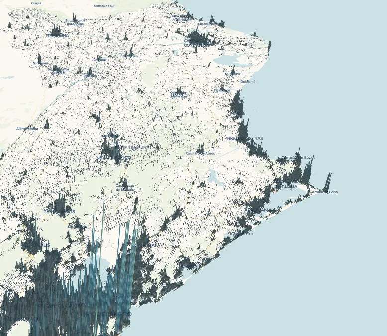 Mapa 3D do estado do Rio de Janeiro com espículas verticais marcando a concentração de estabelecimentos religiosos