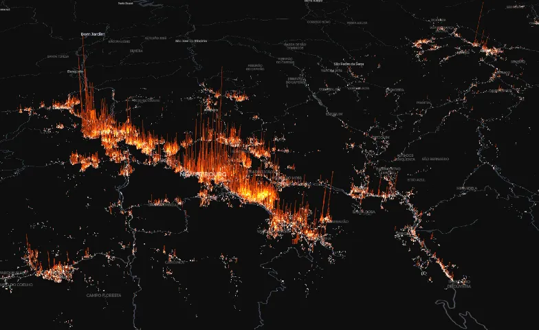 Visualização 3D de Nova Friburgo em que cada residência é uma coluna com altura proporcional ao número de moradores